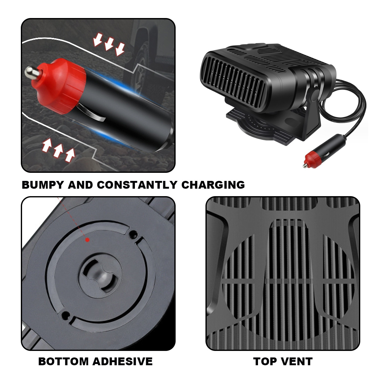 Das Bild zeigt eine Autoheizung. Sie hat einen schwarzen Körper, rote Akzente und einen Netzstecker. Detailaufnahmen: Stecker, Basis, Lüfter und Klebstoff.