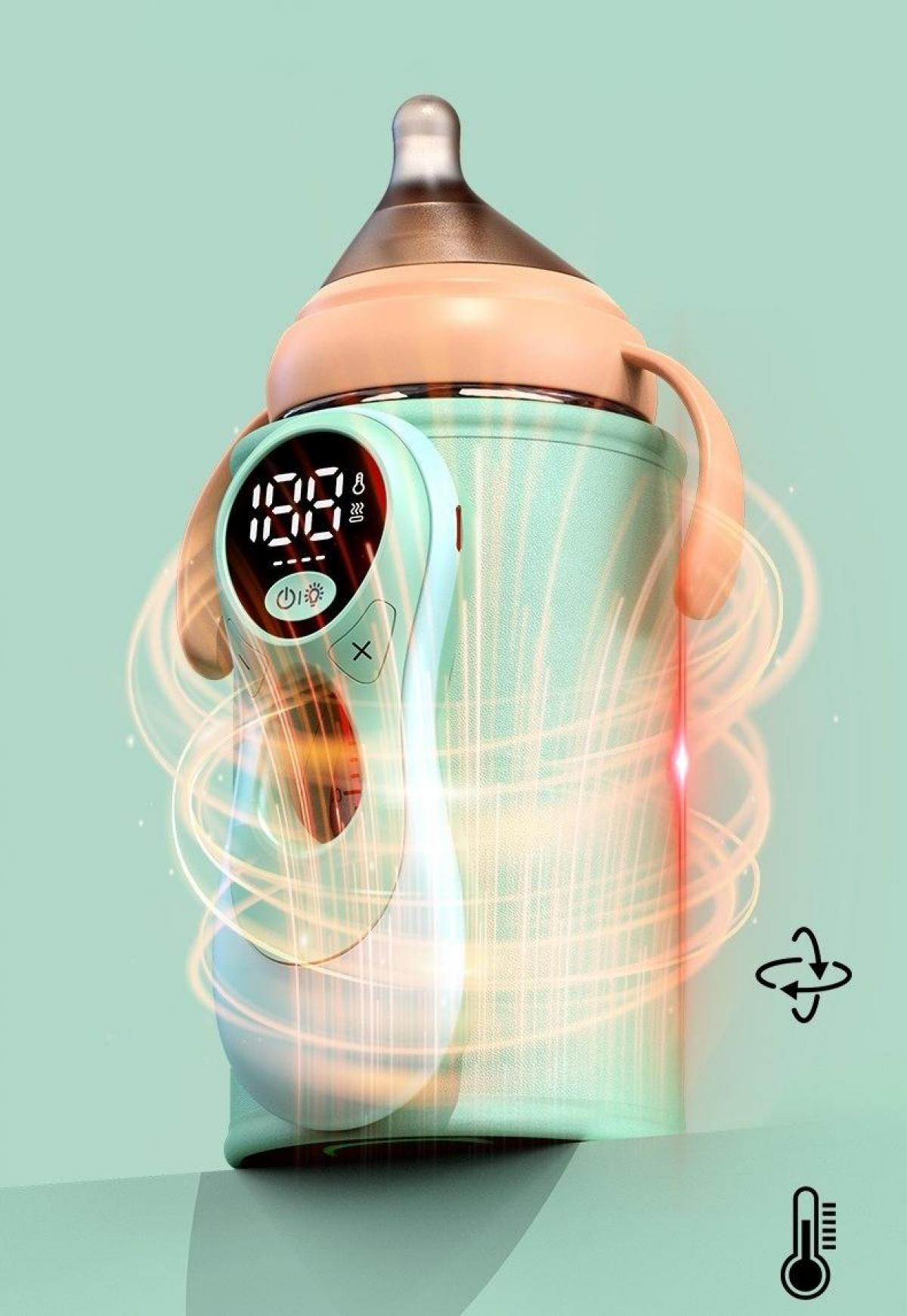 Ein elektrischer Babyflaschenwärmer mit Digitalanzeige, die eine Temperatur anzeigt. Es ist hellgrün mit rosa Oberteil und hat einen Griff.