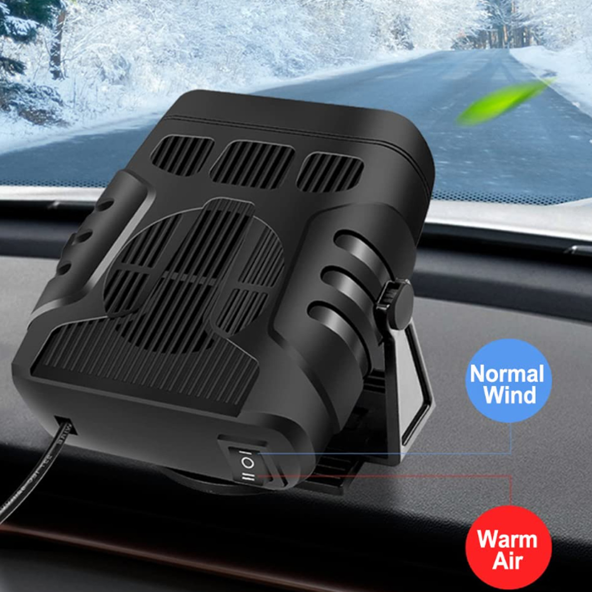 Schwarze Autoheizung mit Lüfter und Schalter. Im Hintergrund eine schneebedeckte Straße und die Beschriftungen 'Normal Wind' und 'Warm Air'.