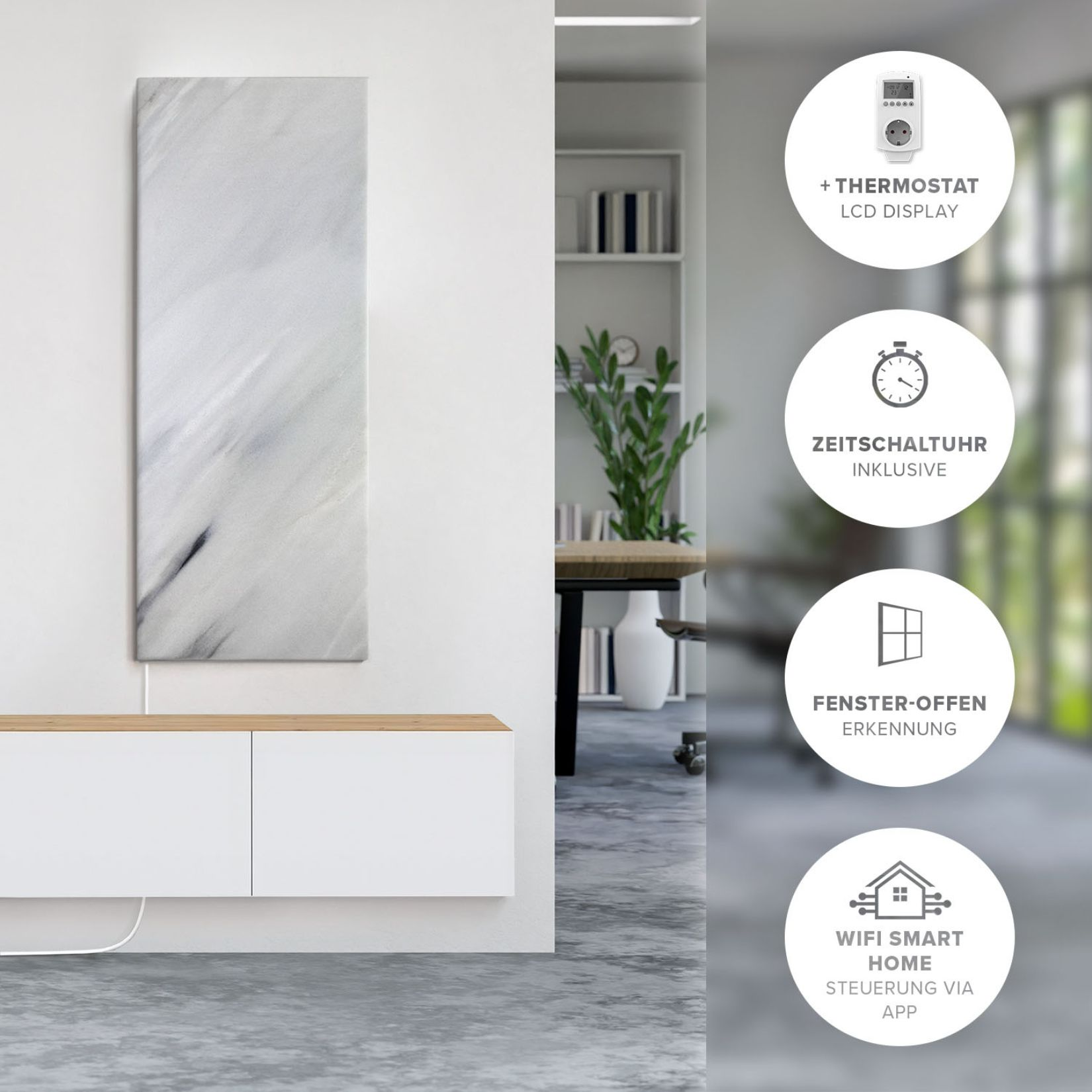 Ein weißer, wandmontierter Heizkörper mit Marmordesign. Merkmale sind Thermostat, Timer, Fenstererkennung und WLAN-Steuerung.