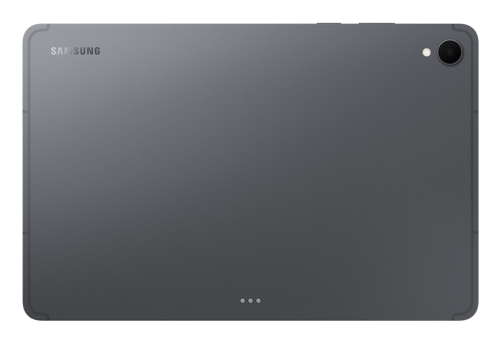 Rückseite eines grauen Samsung-Tablets. Es hat eine Kamera, einen Blitz und das Samsung-Logo. Unten sind drei Punkte.