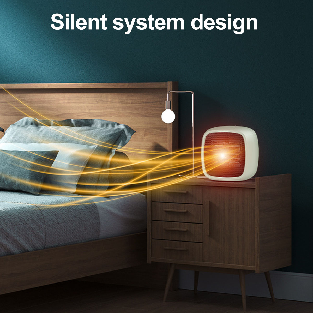 Ein weißer Heizlüfter auf einem Nachttisch mit einer Lampe. Das Bett ist sichtbar, und die Wand ist türkis. Goldene Linien strahlen vom Heizlüfter aus.