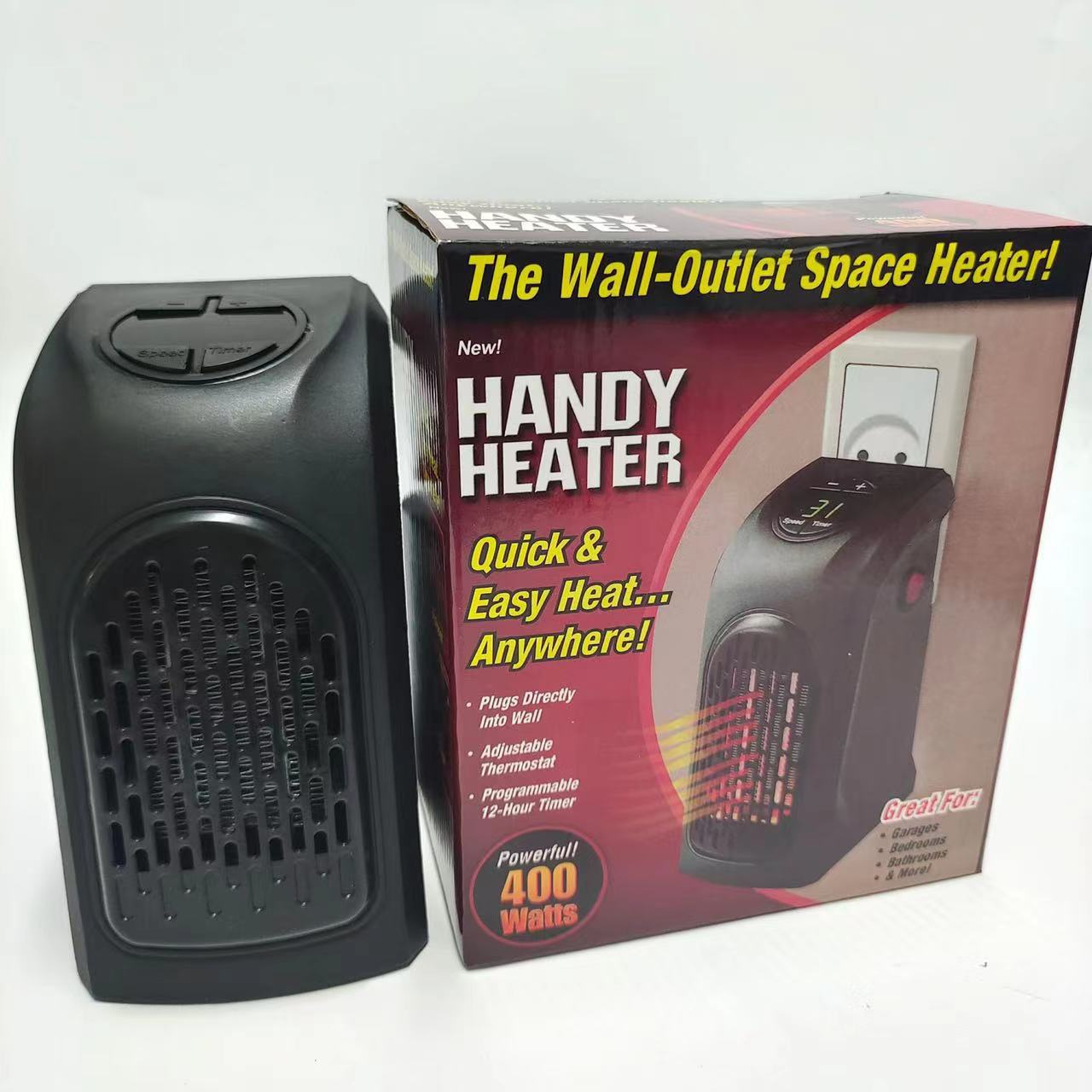 Ein schwarzer Handy Heater und seine Box. Die Box zeigt den Heizlüfter in einer Steckdose mit Merkmalen.