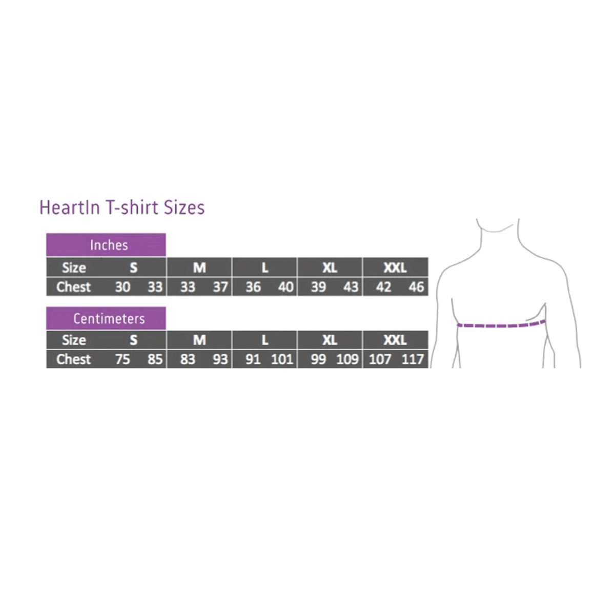 Eine Größentabelle für HeartIn T-Shirts wird angezeigt. Sie zeigt Brustumfänge in Zoll und Zentimetern, mit den Größen S bis XXL.