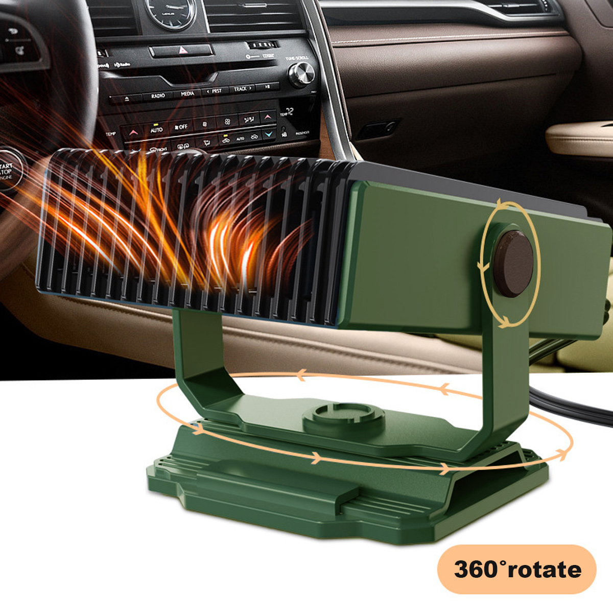 Ein grüner Autoheizer mit 360°-Drehfunktion. Er befindet sich in einem Auto, das Armaturenbrett ist sichtbar.
