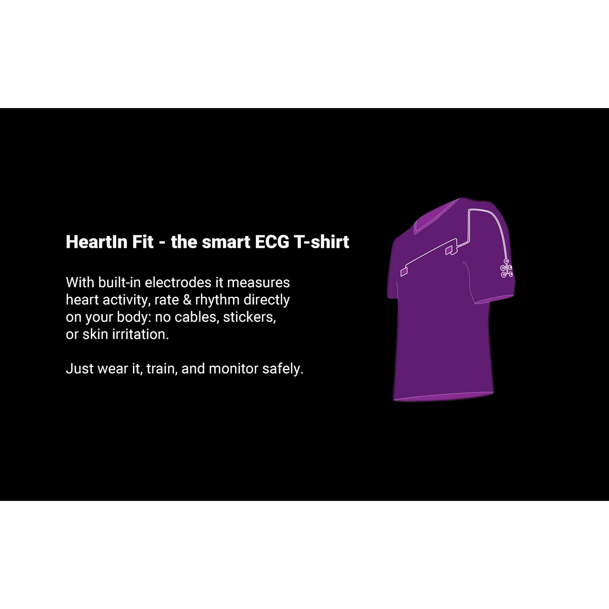 Illustration eines lila EKG-T-Shirts auf schwarzem Hintergrund. Der Text lautet 'HeartIn Fit - the smart ECG T-shirt'.