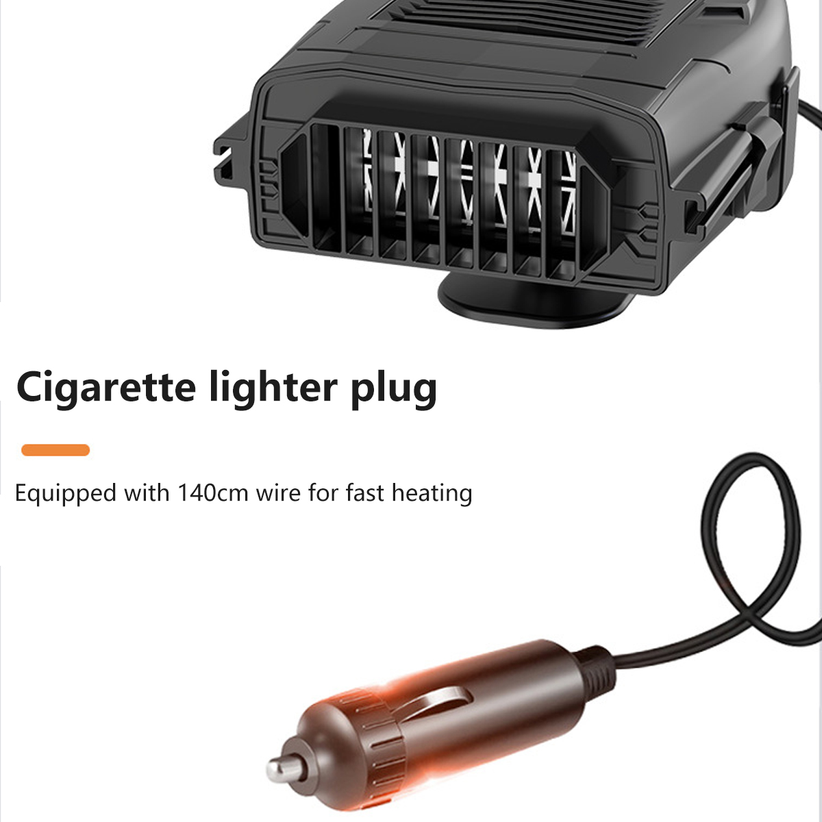Schwarze Autoheizung mit Lüftungsschlitzen und Zigarettenanzünderstecker. Sie hat ein 140 cm langes Kabel.