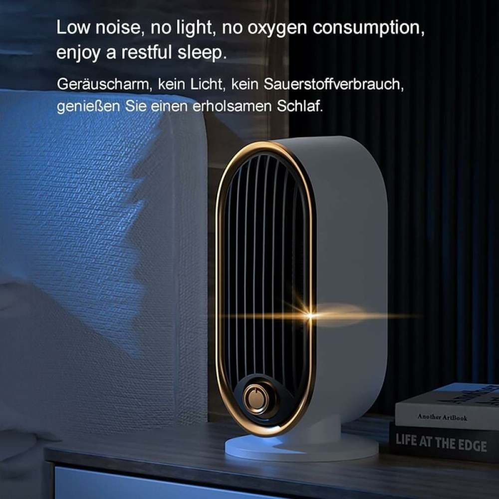 Ein weiß-goldener Heizlüfter steht auf einem Nachttisch neben einem Bett. Ein Buch mit dem Titel 'LIFE AT THE EDGE' ist sichtbar.