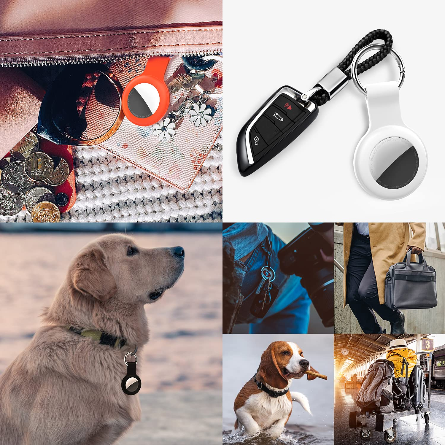 Eine Collage von Bildern. Oben links: Tascheninhalt. Oben rechts: Autoschlüssel und AirTag. Unten links: Hund mit AirTag. Andere: Menschen und ein Hund.