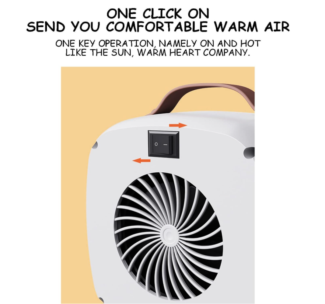 Ein weißer Heizlüfter mit einem schwarzen Ventilator und einem Griff. Oben befindet sich ein Schalter mit Pfeilen. Der Text sagt 'Warme Luft'.