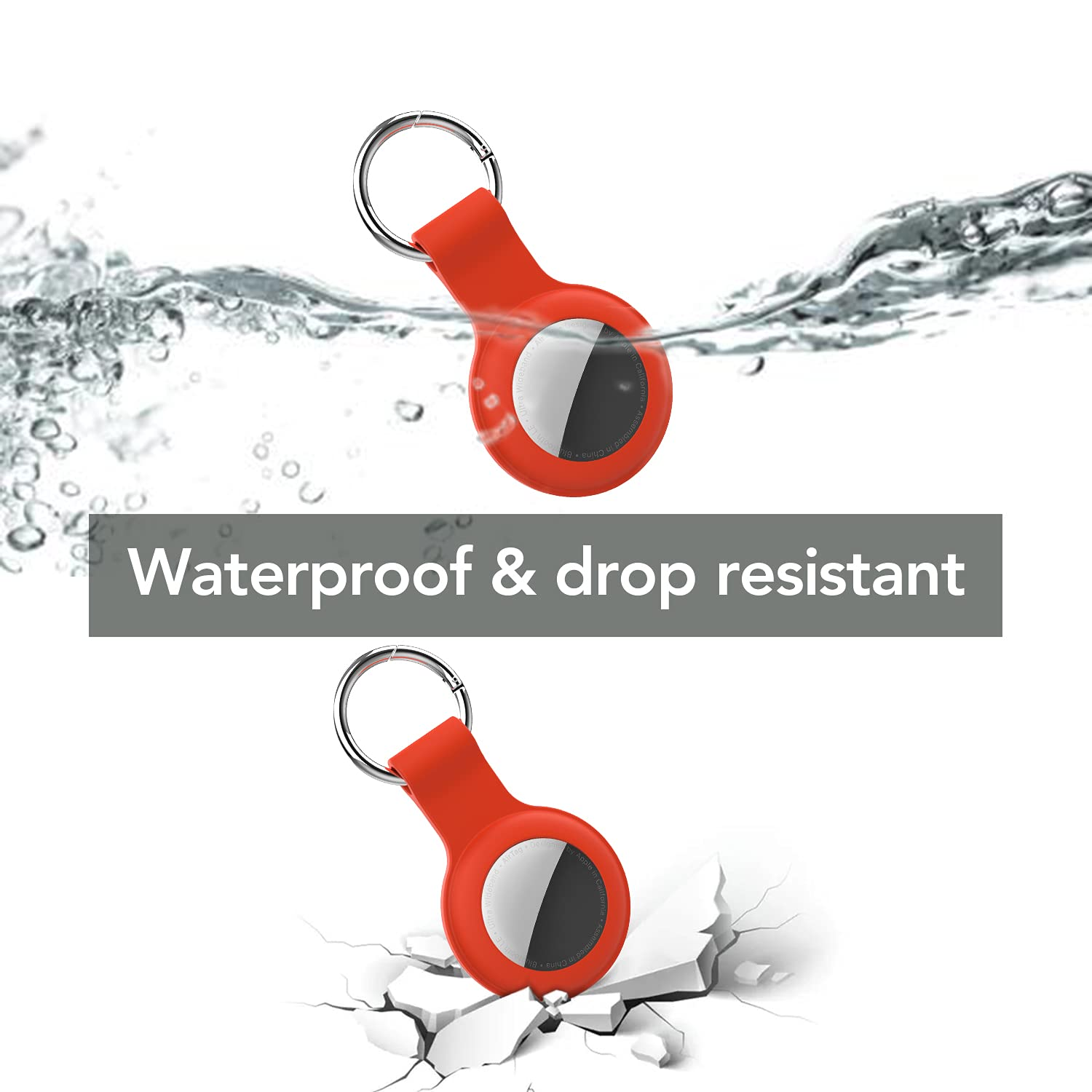 Zwei rote Schlüsselanhänger. Einer im Wasser, einer auf rissigem Boden. Text: Wasserdicht & sturzsicher.