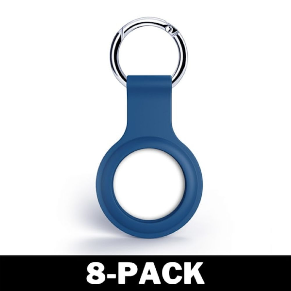 Ein blauer AirTag-Halter mit silbernem Schlüsselring. Der Halter hat einen weißen Kreis in der Mitte. Unten steht "8-PACK".