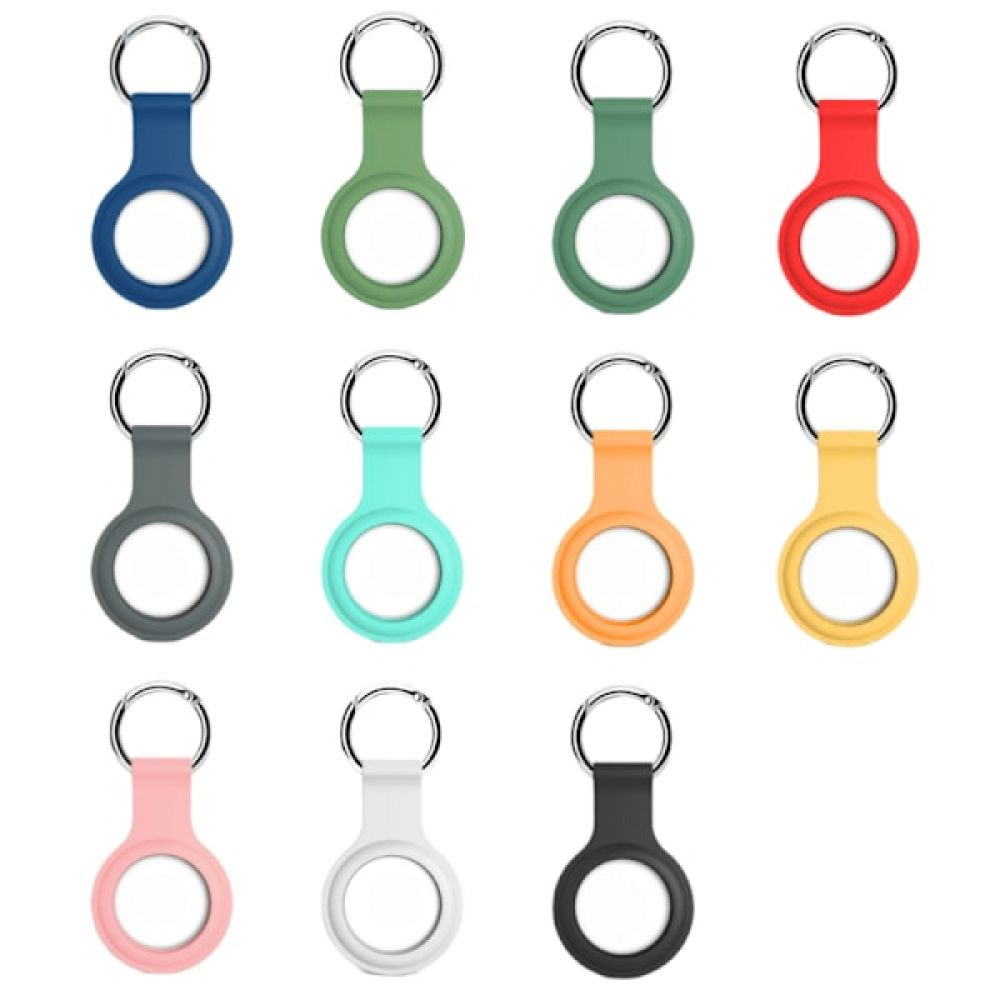 Eine Sammlung von Schlüsselanhängern in verschiedenen Farben, darunter Blau, Grün, Rot, Grau, Rosa, Weiß und Schwarz, jeweils mit einem Silberring.