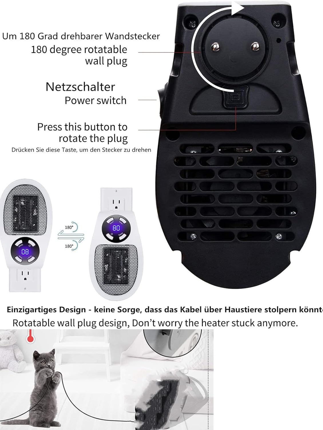 Ein weißer und schwarzer elektrischer Heizlüfter mit drehbarem Stecker, eine Katze und Textbeschreibungen auf Deutsch und Englisch.