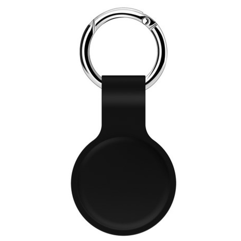 Ein schwarzer AirTag-Halter mit einem Metall-Schlüsselring. Der Halter ist rund mit einer Schlaufe, die am Schlüsselring befestigt ist.