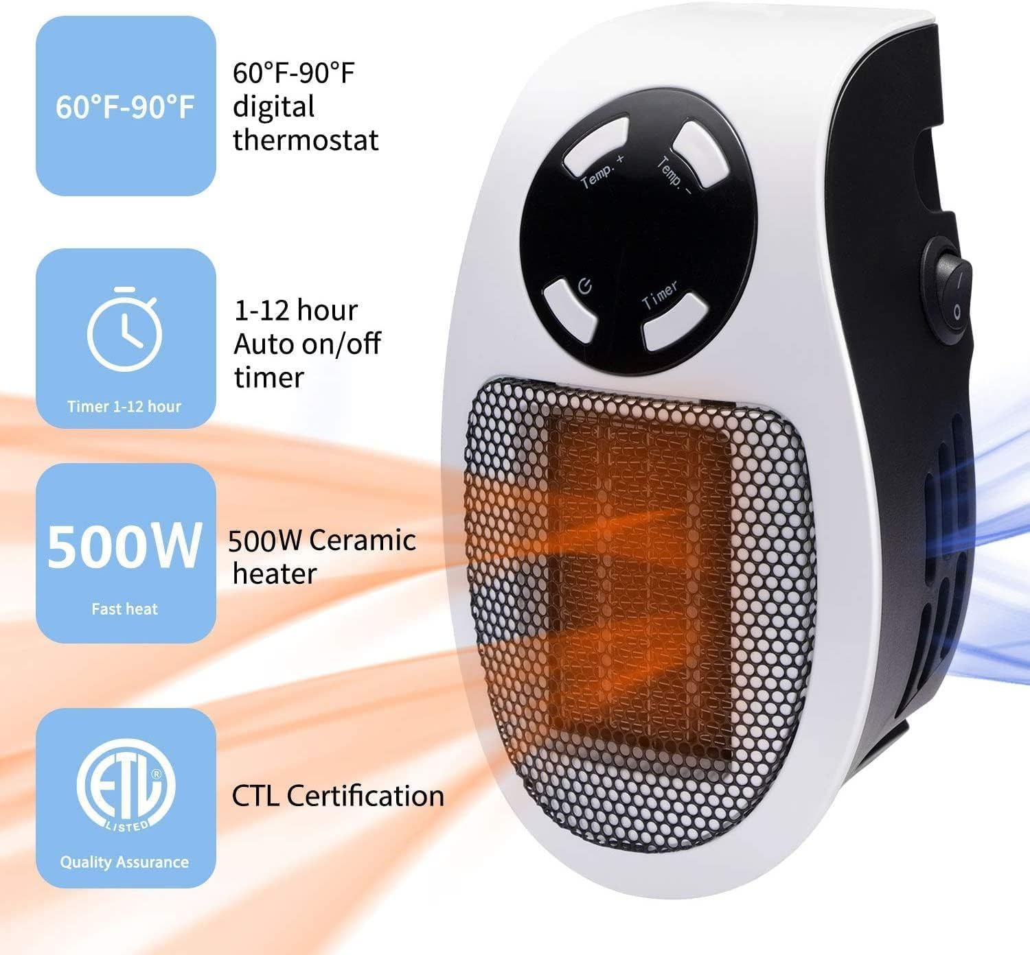 Ein weiß-schwarzer Keramikheizer mit digitalem Thermostat, Timer und Sicherheitszertifizierungen. Er hat eine Gitterfront und Steuertasten.