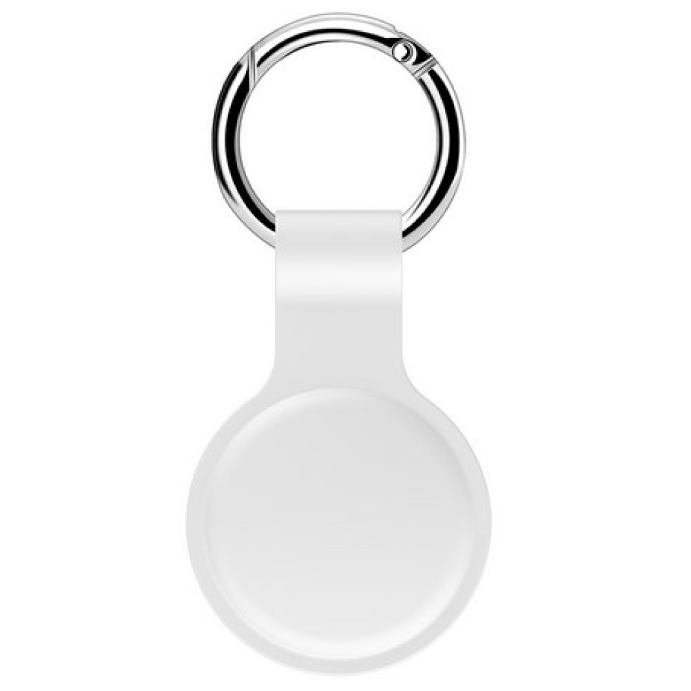 Ein weißes AirTag mit einem silbernen Schlüsselring. Das AirTag hat ein kreisförmiges Design mit einer Schlaufe, die am Schlüsselring befestigt ist.