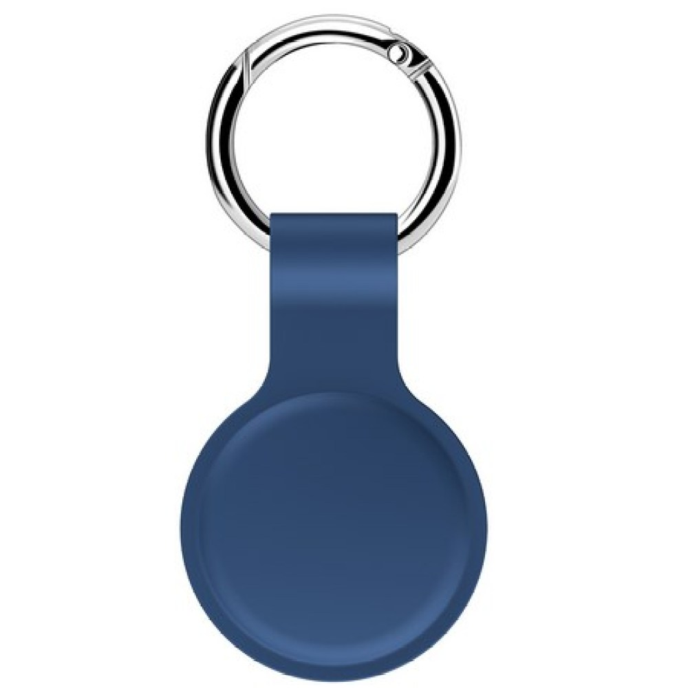 Ein blaues AirTag mit einem silbernen Schlüsselring. Das AirTag ist rund mit einer Schlüssellochbefestigung.