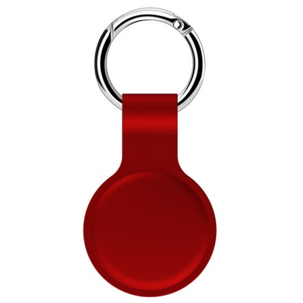 Ein roter AirTag-Halter mit einem silbernen Karabinerhaken. Der Halter hat eine abgerundete Form mit einer Schlaufe oben.