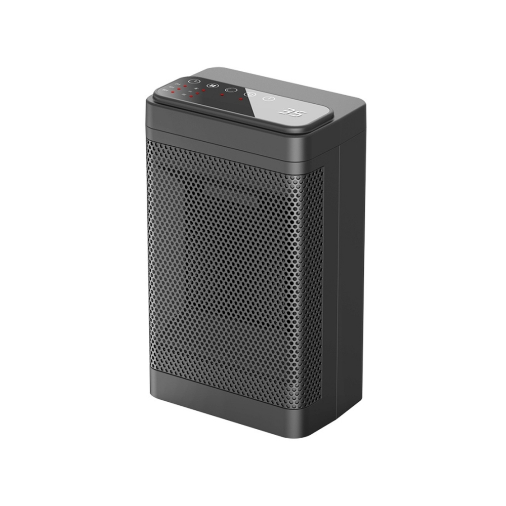 Ein schwarzer Elektroheizer mit Digitalanzeige oben. Die Front hat ein perforiertes Metallgitter. Der Heizlüfter steht vor weißem Hintergrund.
