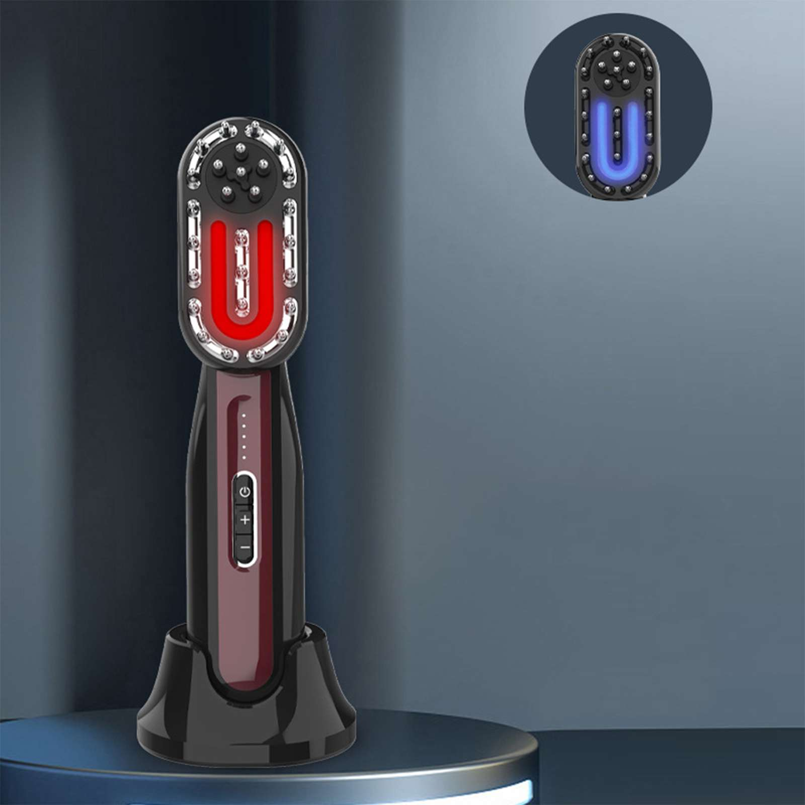 Haarwachstumsgerät. Schwarzes und rotes Design mit LED-Leuchten. Inset zeigt eine blaue Lichtversion.