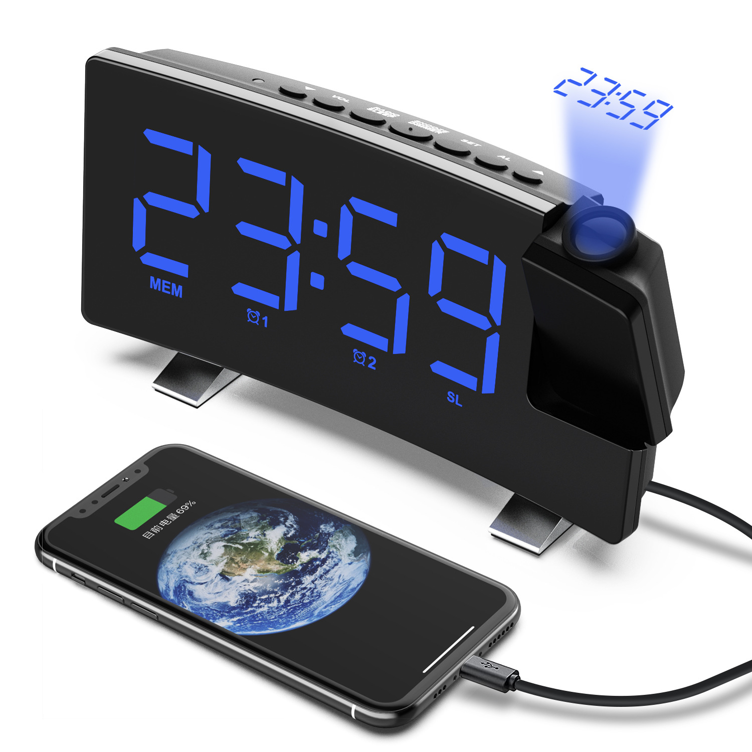 Schwarzer digitaler Wecker mit der Anzeige 23:59, projiziert die Zeit. Ein Telefon in der Nähe zeigt die Erde und 69% Akku.