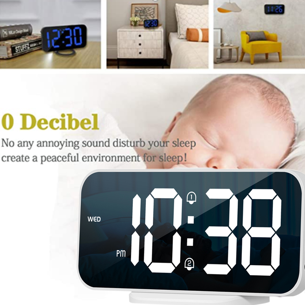 Eine Digitaluhr zeigt 10:38 PM an. Über der Uhr schläft ein Baby. Text sagt 0 Dezibel und wirbt für friedlichen Schlaf.