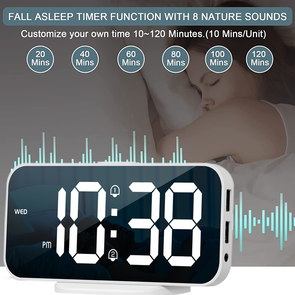 Digitaluhr mit Anzeige 22:38 Uhr. Text oben zeigt Schlaf-Timer-Funktion mit Optionen von 20 bis 120 Minuten. Eine Person schläft.