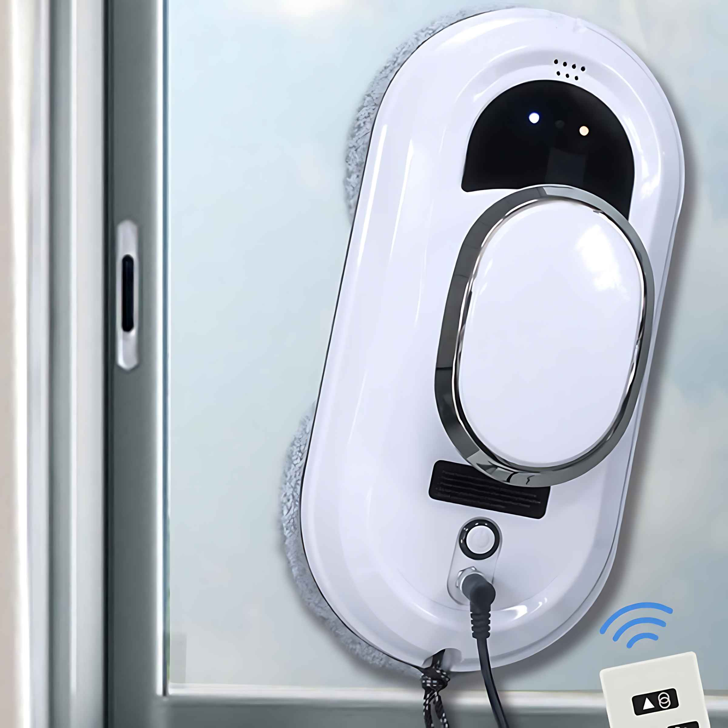 Ein weißer Fensterputzroboter befindet sich auf Glas. Es hat Reinigungspads und eine Fernbedienung.