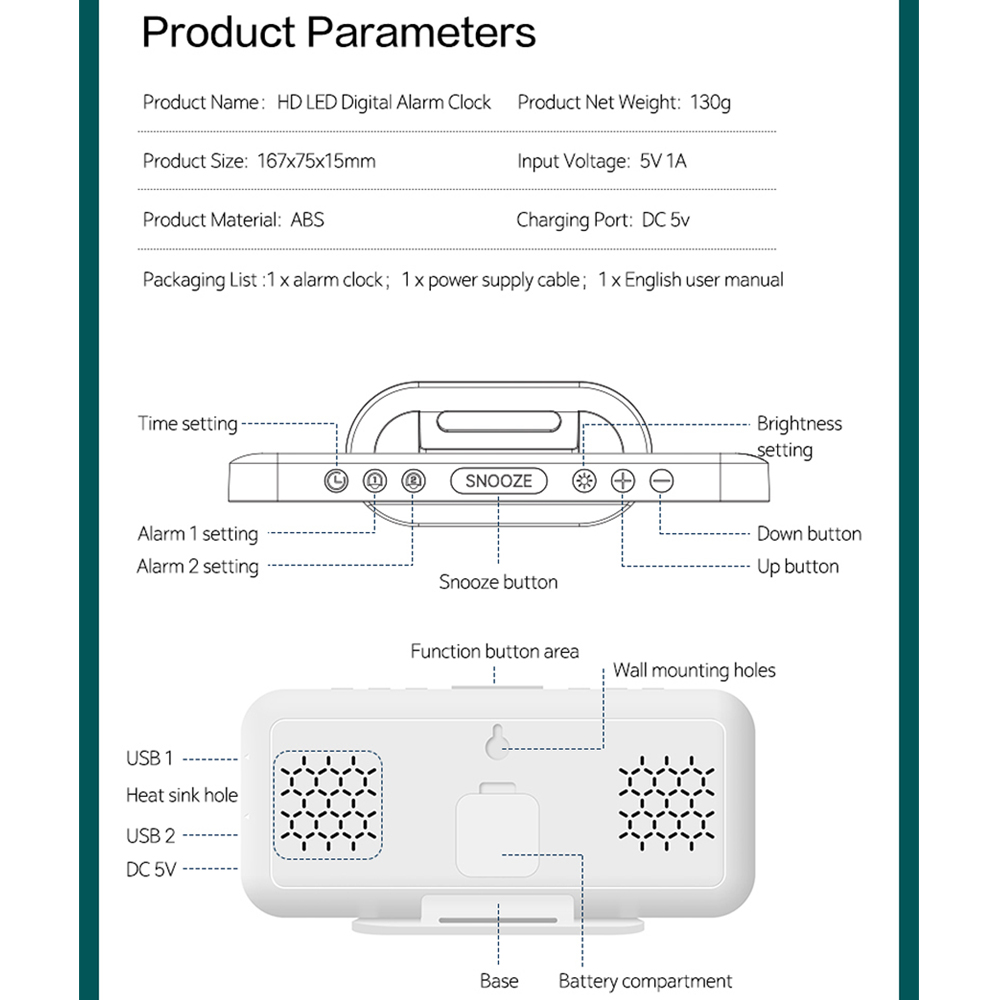 Diagramm eines HD-LED-Digitalweckers mit Tasten, Anschlüssen und Funktionen mit englischen Beschriftungen.