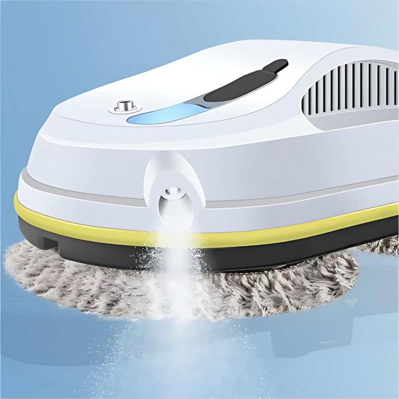 Ein weißer Roboter-Fensterputzer sprüht Wasser auf ein Mikrofaserpad. Es hat einen gelben Streifen und eine schwarze Oberseite, vor blauem Hintergrund.