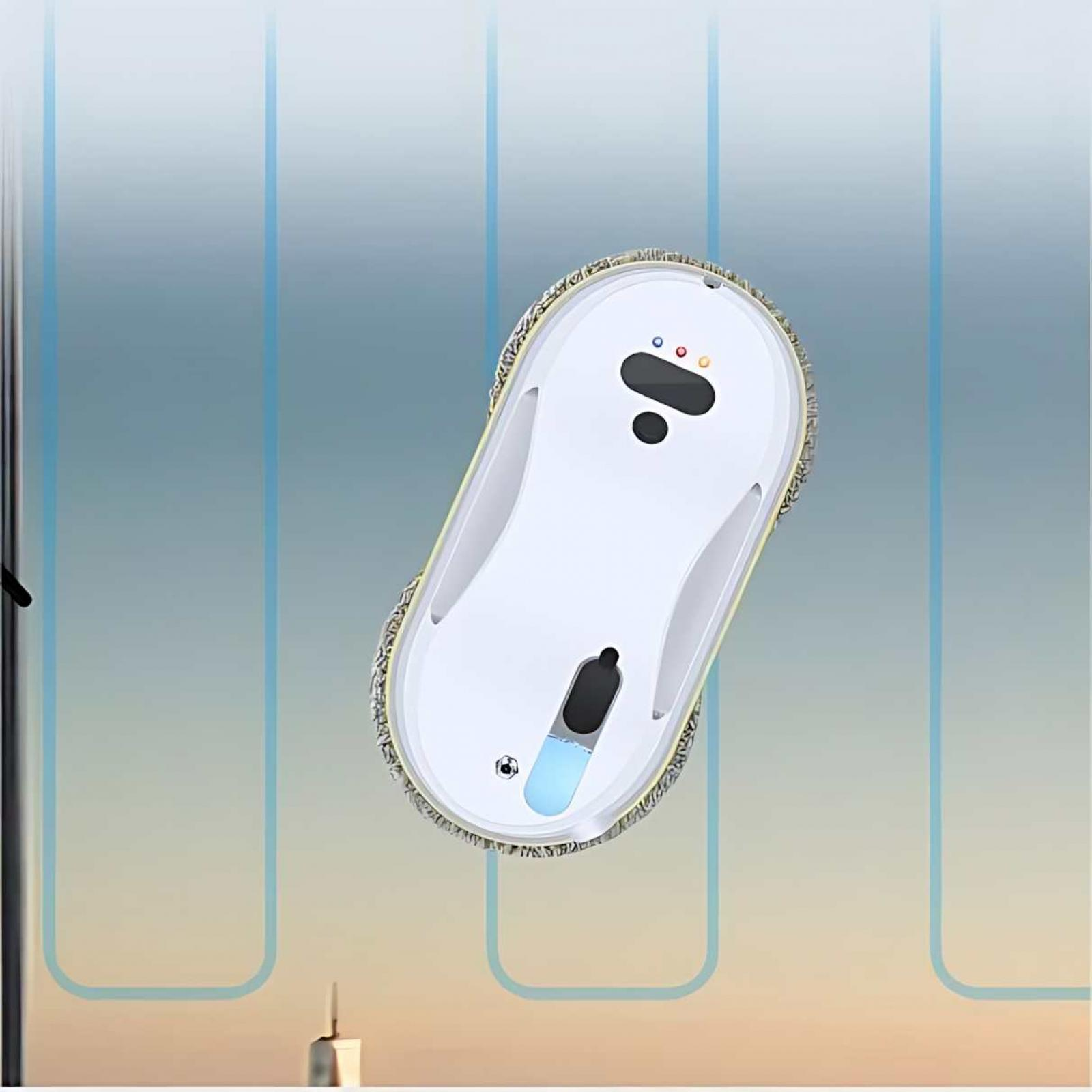 Ein weißer Fensterputzroboter auf Glas mit blauen Linien. Er hat drei Lichter und einen schwarzen Bereich. Der Hintergrund ist unscharf.