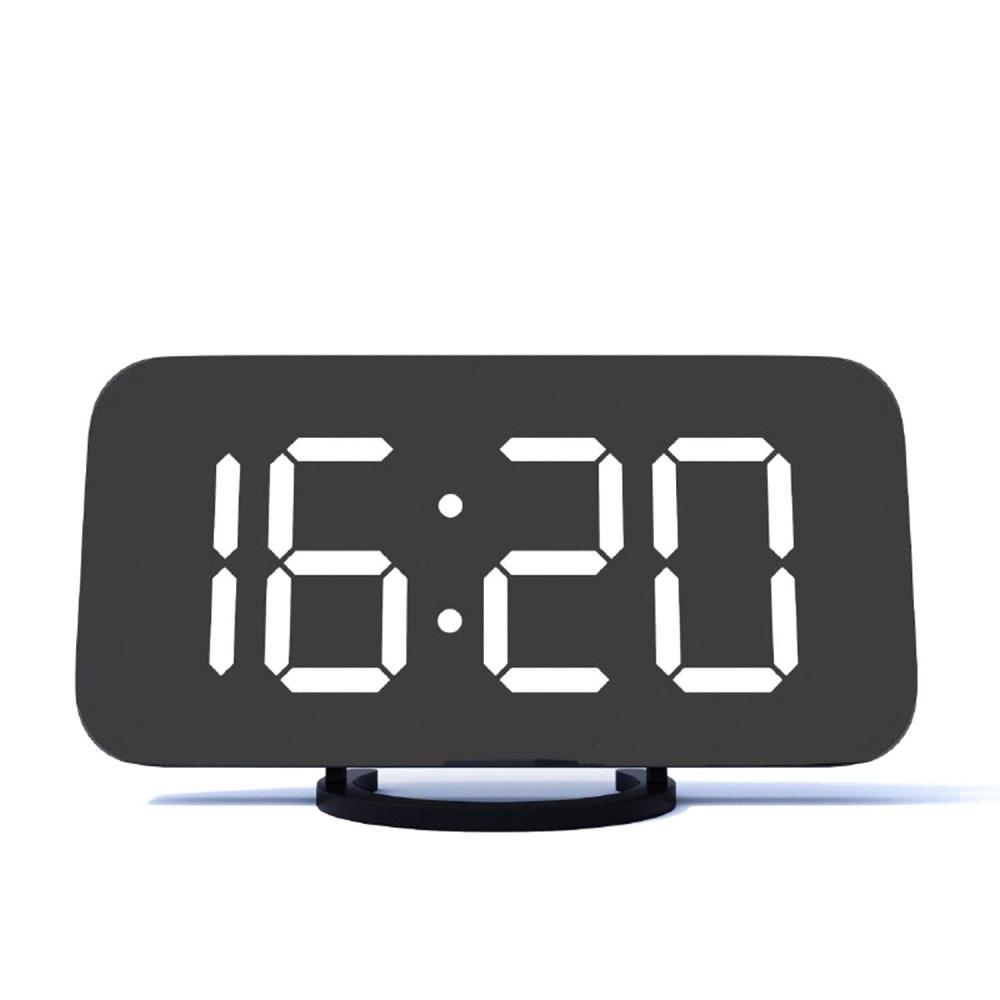 Ein digitaler Wecker, der 16:20 anzeigt. Die Uhr hat einen schwarzen Bildschirm mit weißen Ziffern und steht auf einem schwarzen Ständer.
