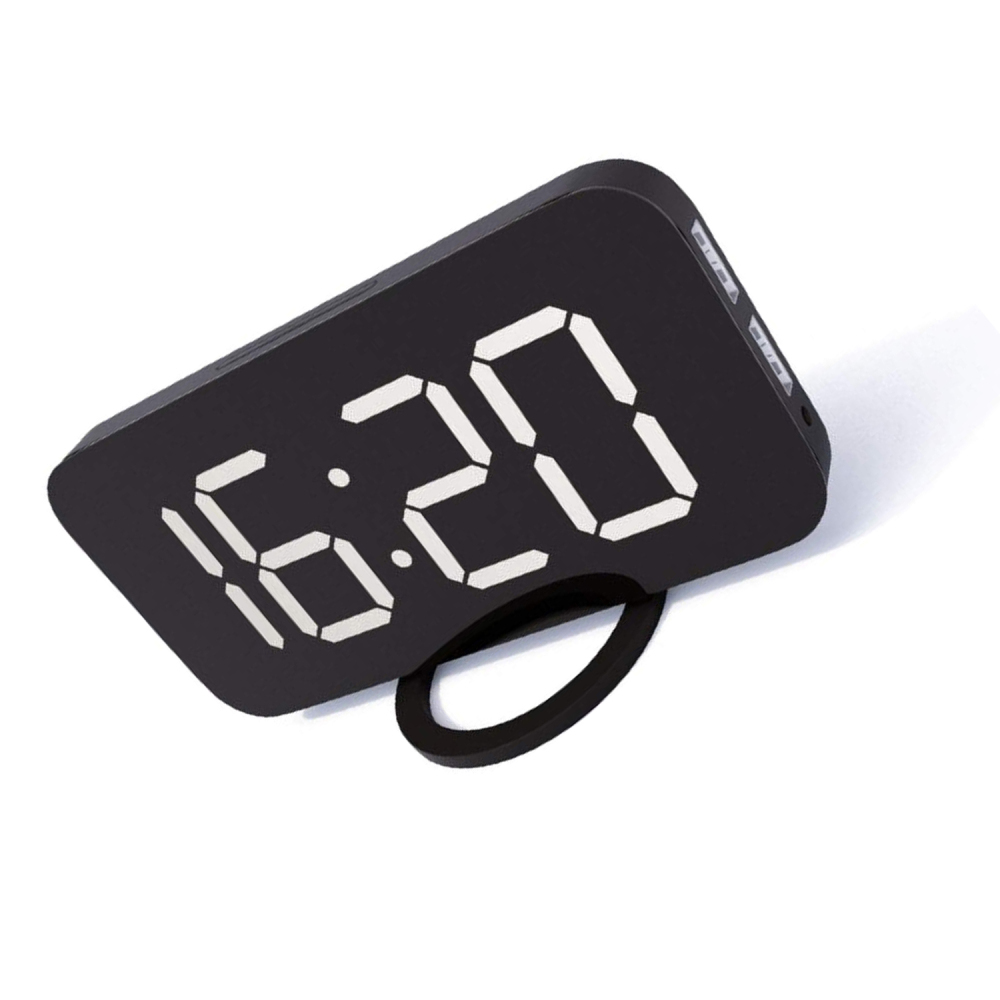 Eine schwarze Digitaluhr zeigt 16:20 an. Sie hat einen gebogenen Ständer und eine weiße Anzeige auf schwarzem Hintergrund. Der Hintergrund ist weiß.