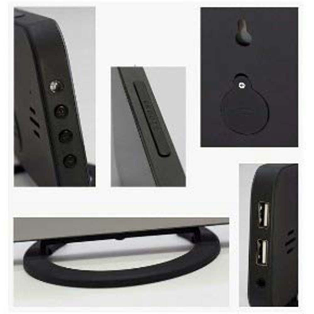 Nahaufnahmen eines schwarzen Geräts. Knöpfe, Anschlüsse, ein Griff und ein Steckplatz sind zu sehen. Details umfassen USB-Anschlüsse und einen Power-Knopf.