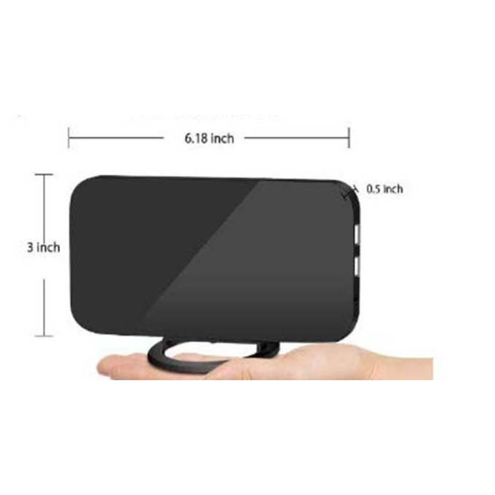 Ein schwarzes rechteckiges Gerät, das in einer Hand gehalten wird. Abmessungen sind beschriftet: 6,18 Zoll, 3 Zoll und 0,5 Zoll.
