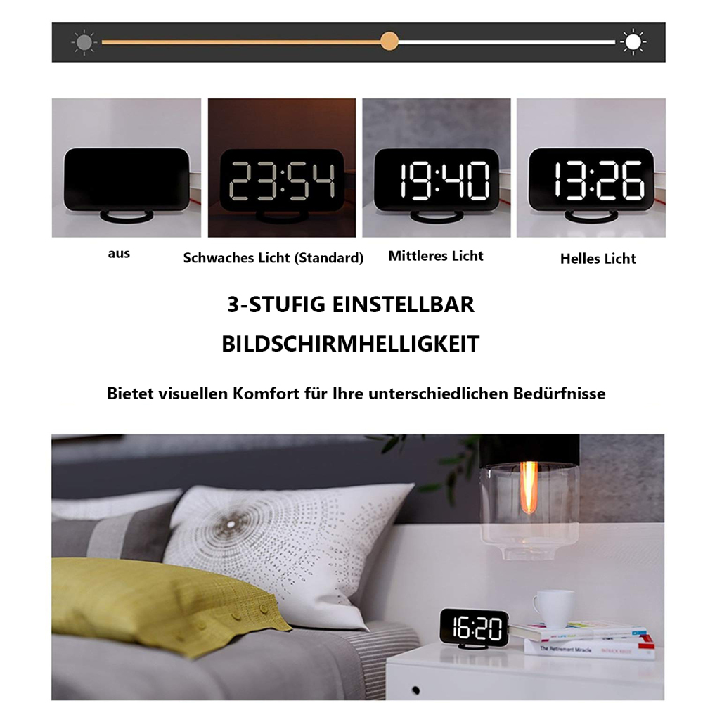 Eine Digitaluhr zeigt die Zeit bei verschiedenen Helligkeitsstufen an. Ein Bett mit Kissen und ein Nachttisch mit Uhr und Kaffee.
