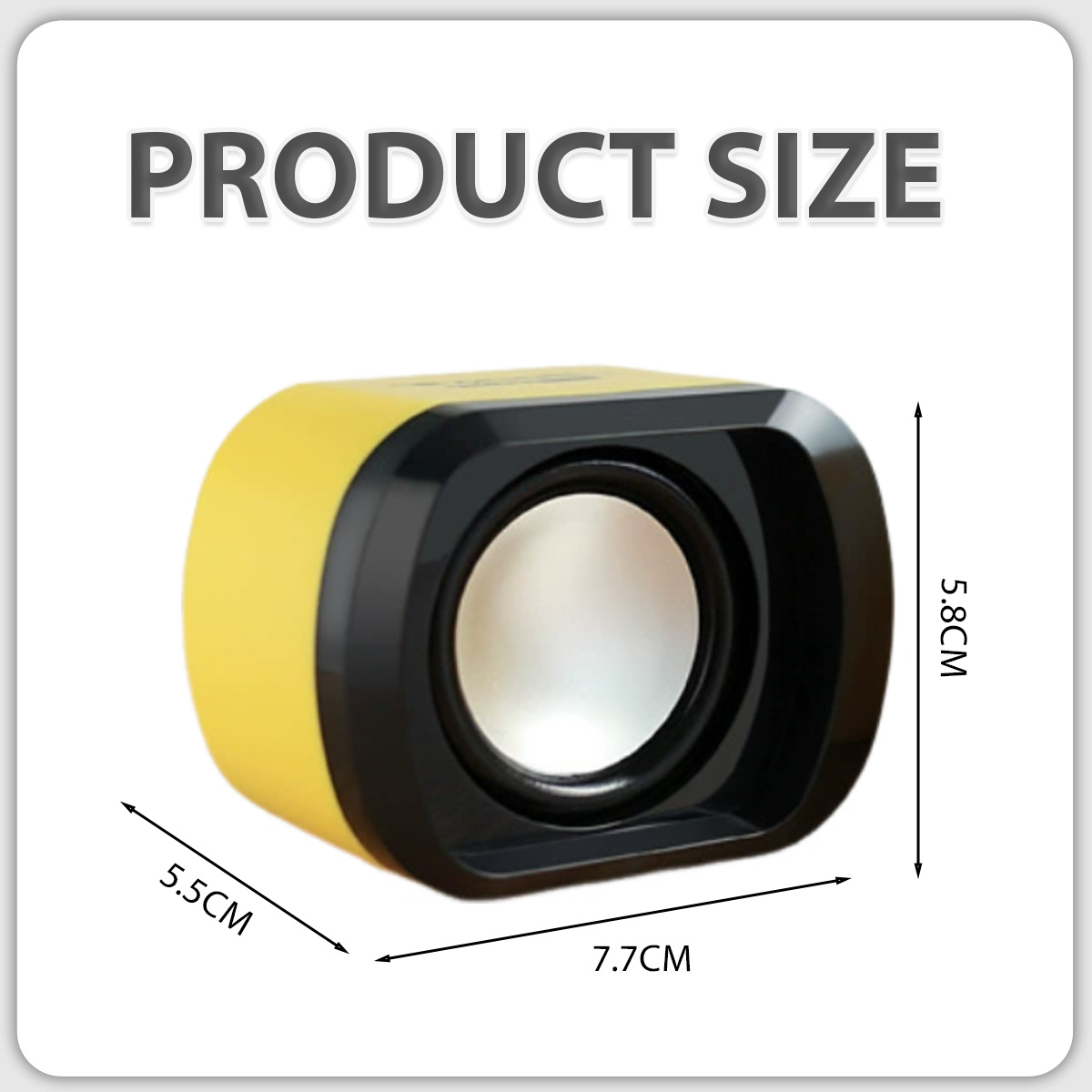 Ein gelb-schwarzer Lautsprecher. Abmessungen: 5,5 cm, 7,7 cm und 5,8 cm. Oben steht das Wort PRODUKTGRÖSSE.