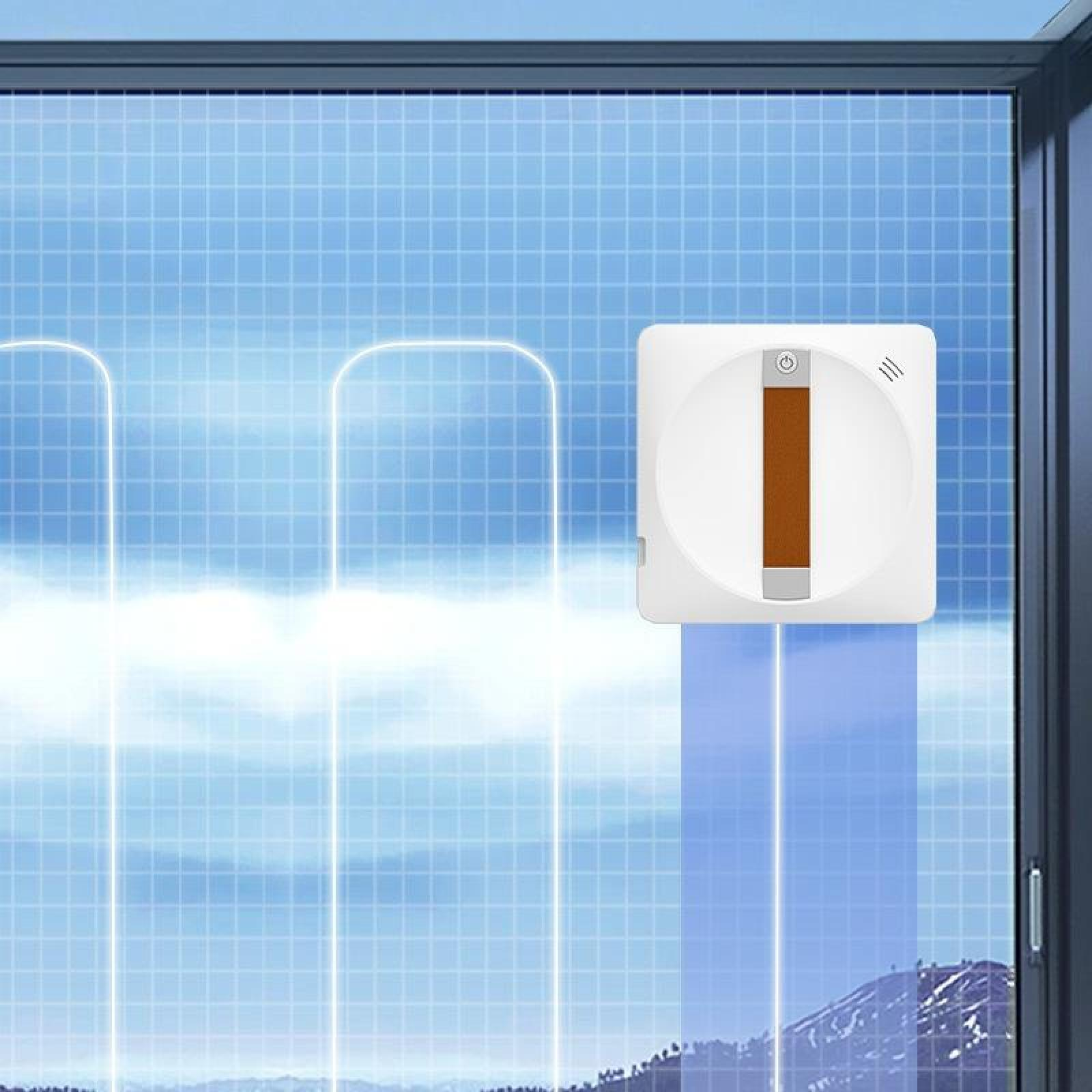 Ein Fensterputzroboter reinigt ein Fenster. Draußen ist ein Berg zu sehen. Das Fenster ist blau mit einem Rastermuster.