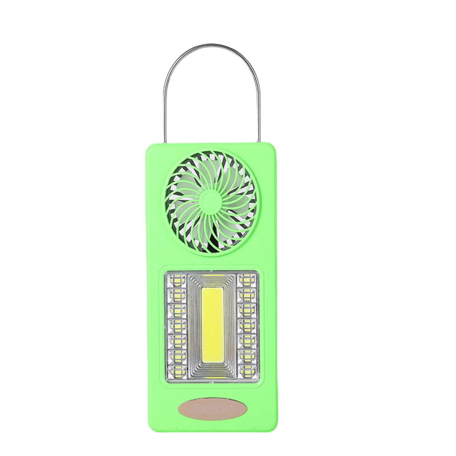 Ein grünes tragbares Gerät mit Ventilator, Lichtern und Griff. Es hat oben einen Ventilator und unten eine Lichtleiste.