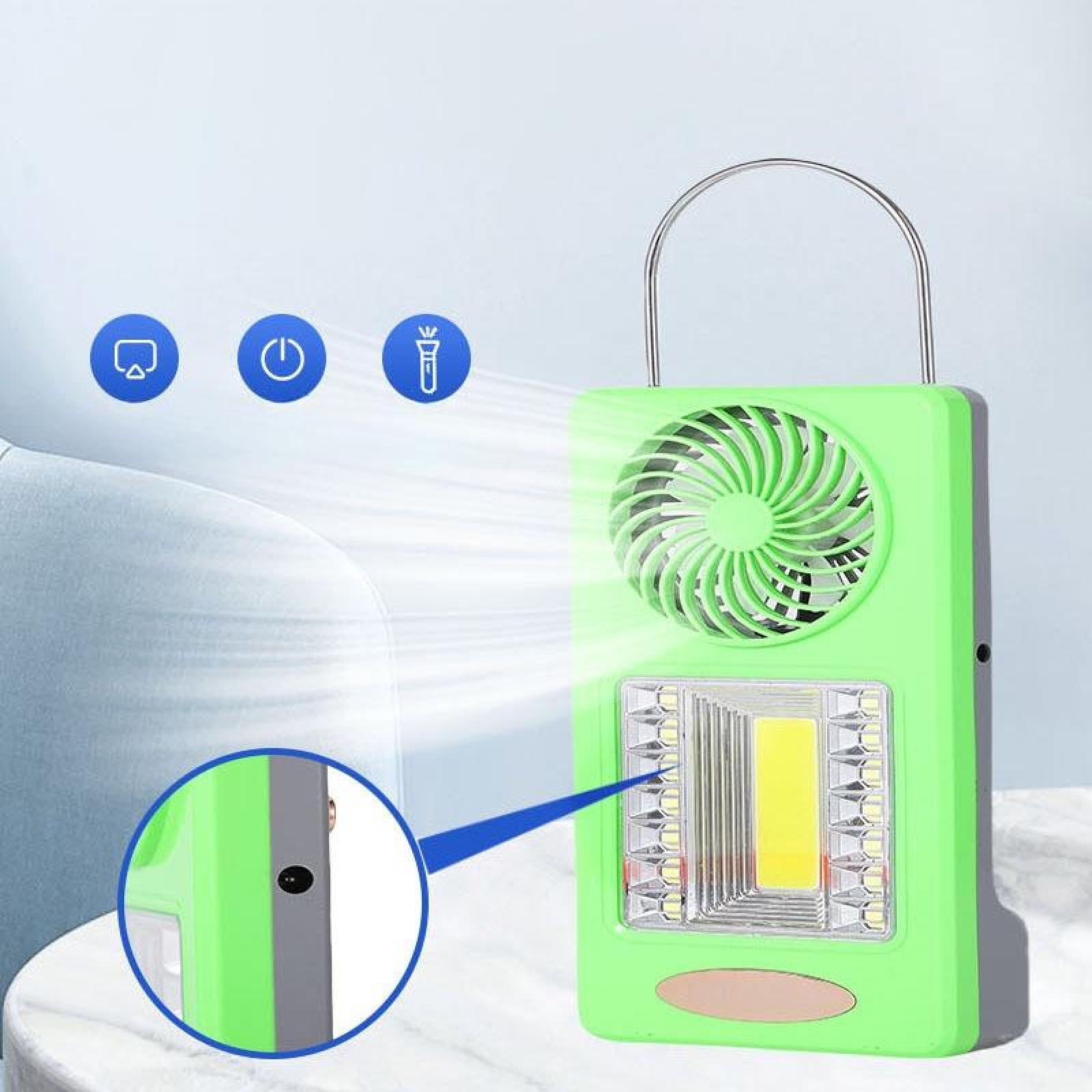 Grüner tragbarer Ventilator mit Licht und Symbolen. Es hat einen Griff und eine Lupe an der Seite.