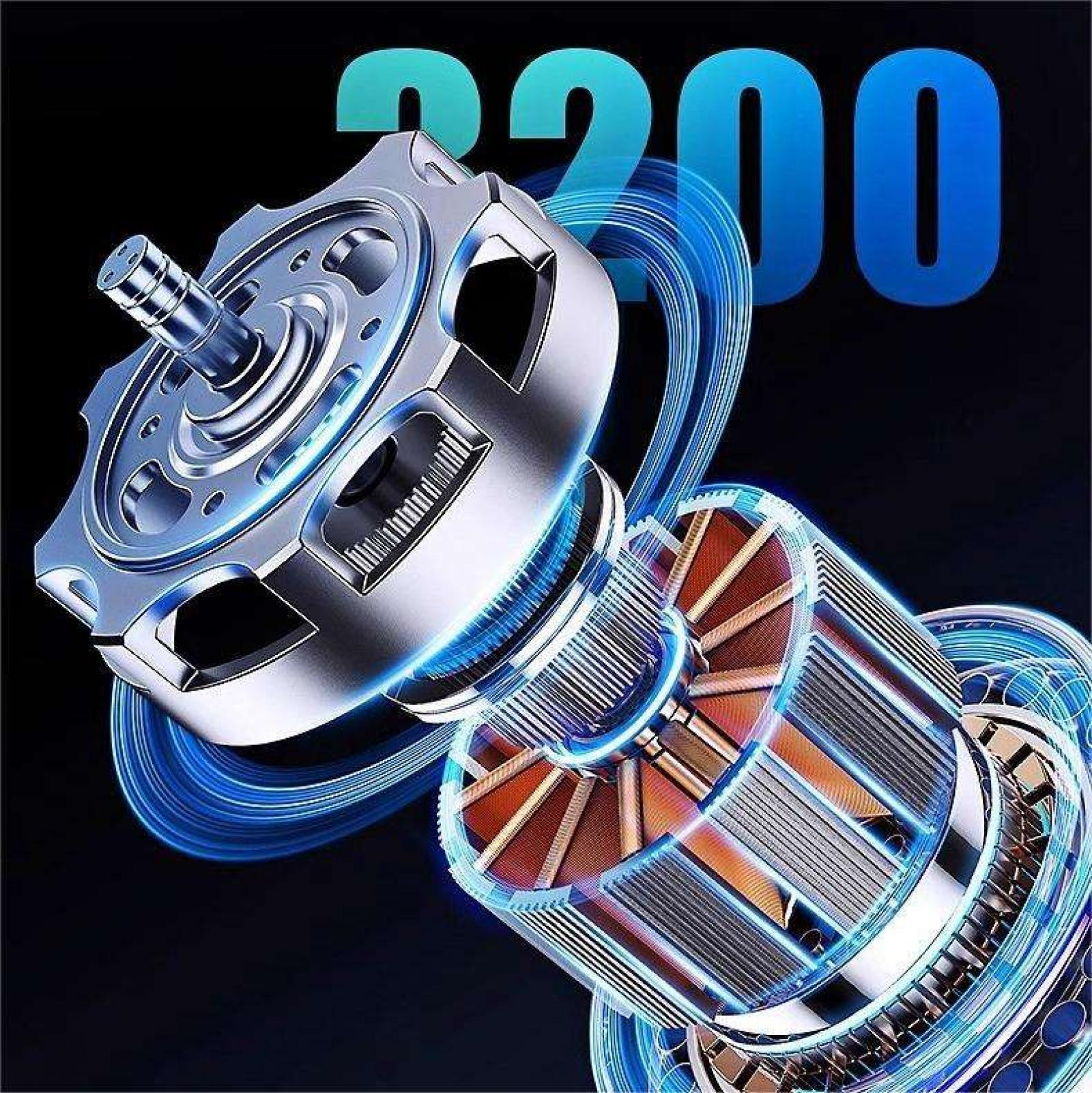 Detaillierte Abbildung der inneren Komponenten eines Motors mit blauen Lichtstreifen vor schwarzem Hintergrund und der Zahl 2200.