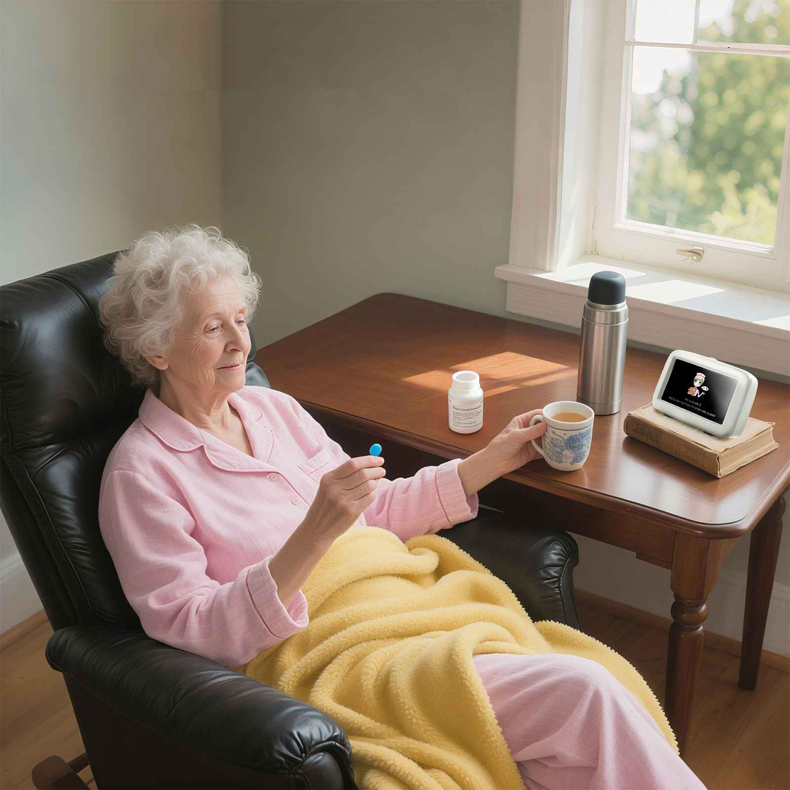 Eine ältere Frau in rosa Pyjamas sitzt in einem Stuhl und hält eine blaue Pille und eine Tasse. Auf dem Tisch stehen eine Thermoskanne und ein Gerät.