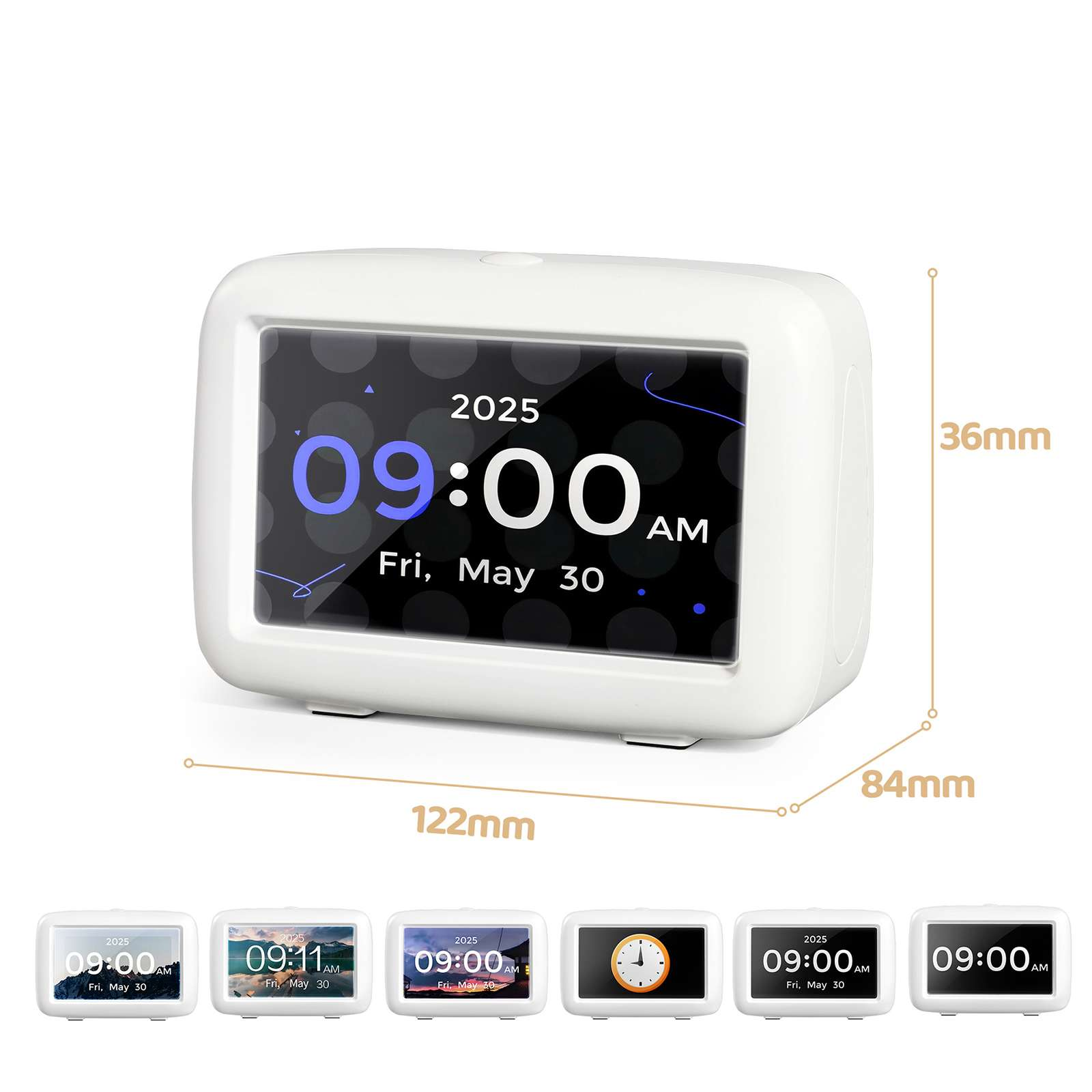 Eine weiße Digitaluhr zeigt 09:00 AM, 30. Mai 2025 an. Abmessungen: 122 mm breit, 36 mm hoch und 84 mm tief.