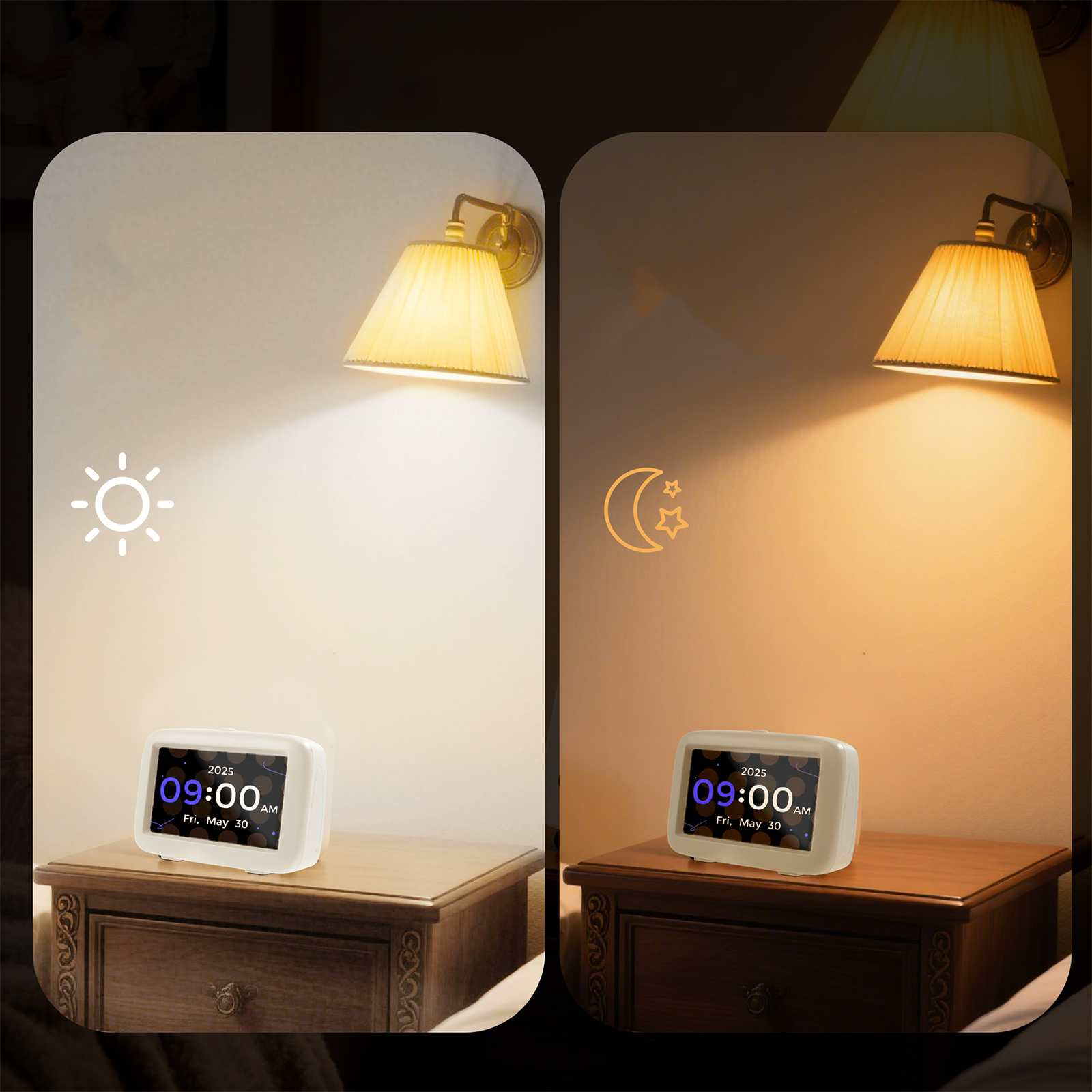 Nachtszenen mit einem Nachttischuhr und einer Wandlampe. Eine Seite zeigt Sonne, die andere Mond, Tag und Nacht.
