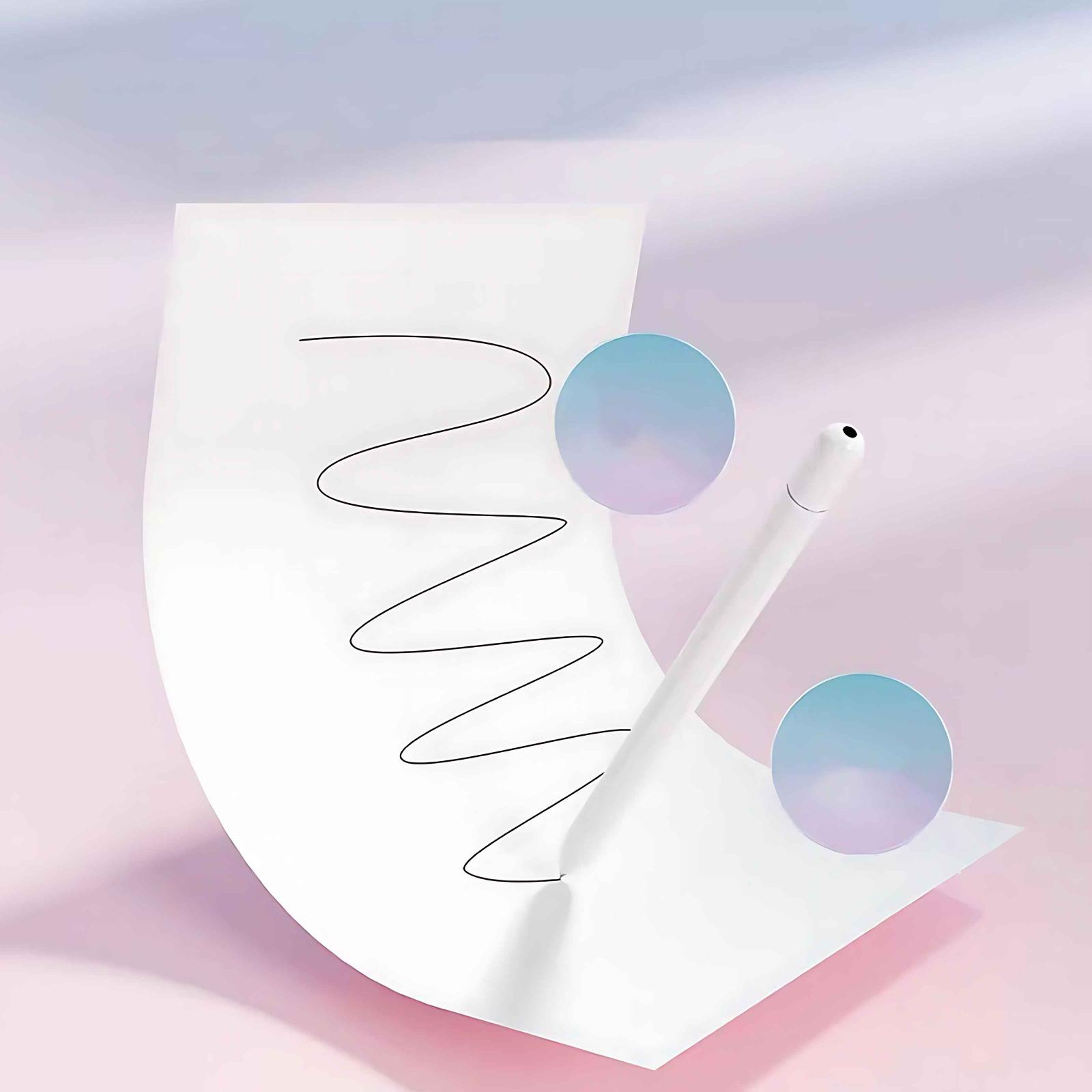 Weißer Stift, der auf ein weißes Papier mit einer schwarzen wellenförmigen Linie zeigt. Zwei blaue Farbverlaufskreise auf rosa Hintergrund.