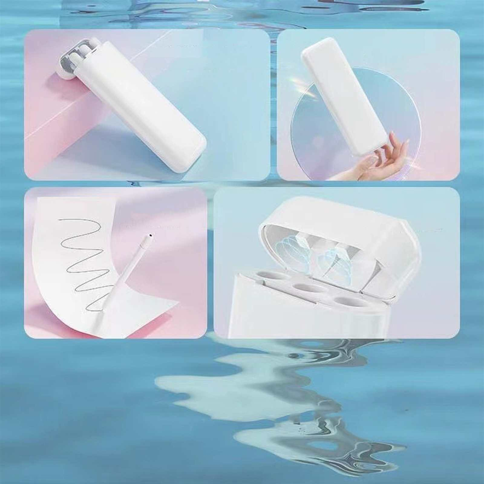 Das Bild zeigt weiße Objekte: einen Stift, einen Stifthalter und eine Ladestation. Der Hintergrund ist ein Farbverlauf aus Pink und Blau.