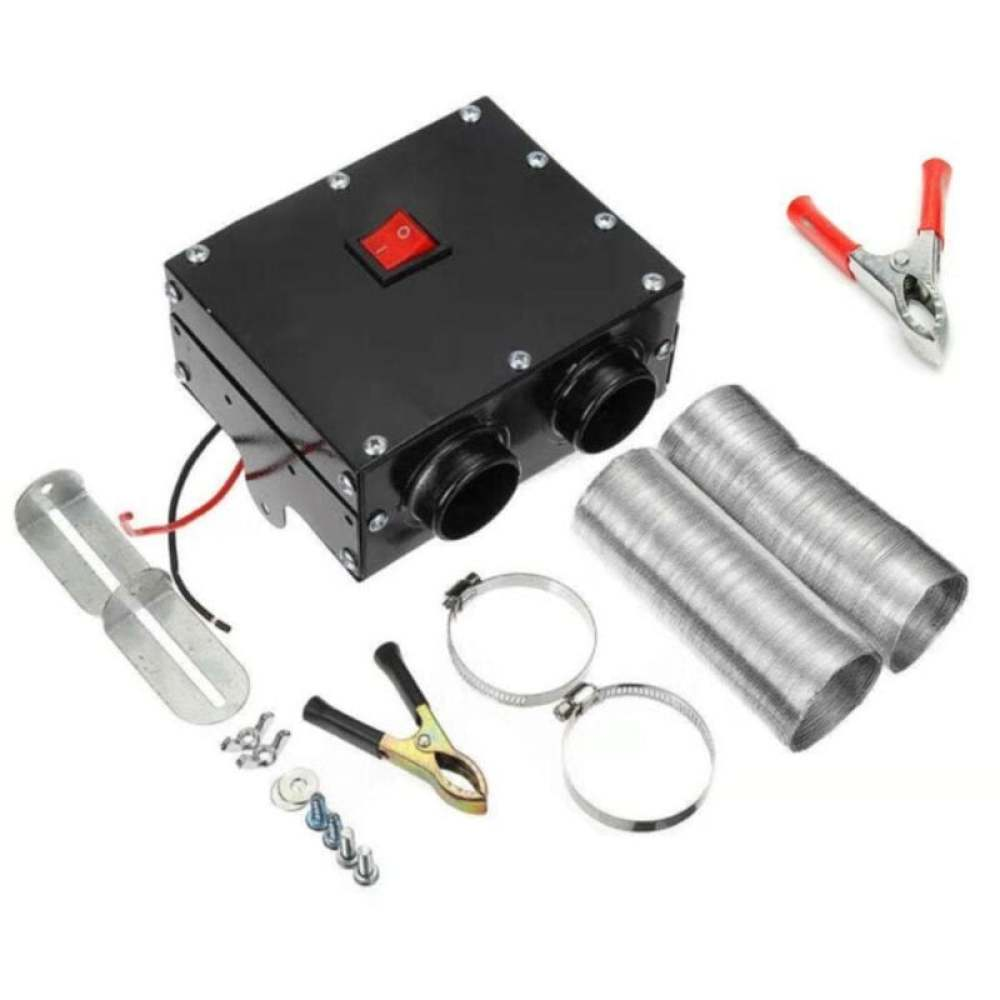 Eine schwarze Box mit rotem Schalter, zwei silberne Rohre, Klemmen und Batterieklemmen liegen auf weißem Untergrund.