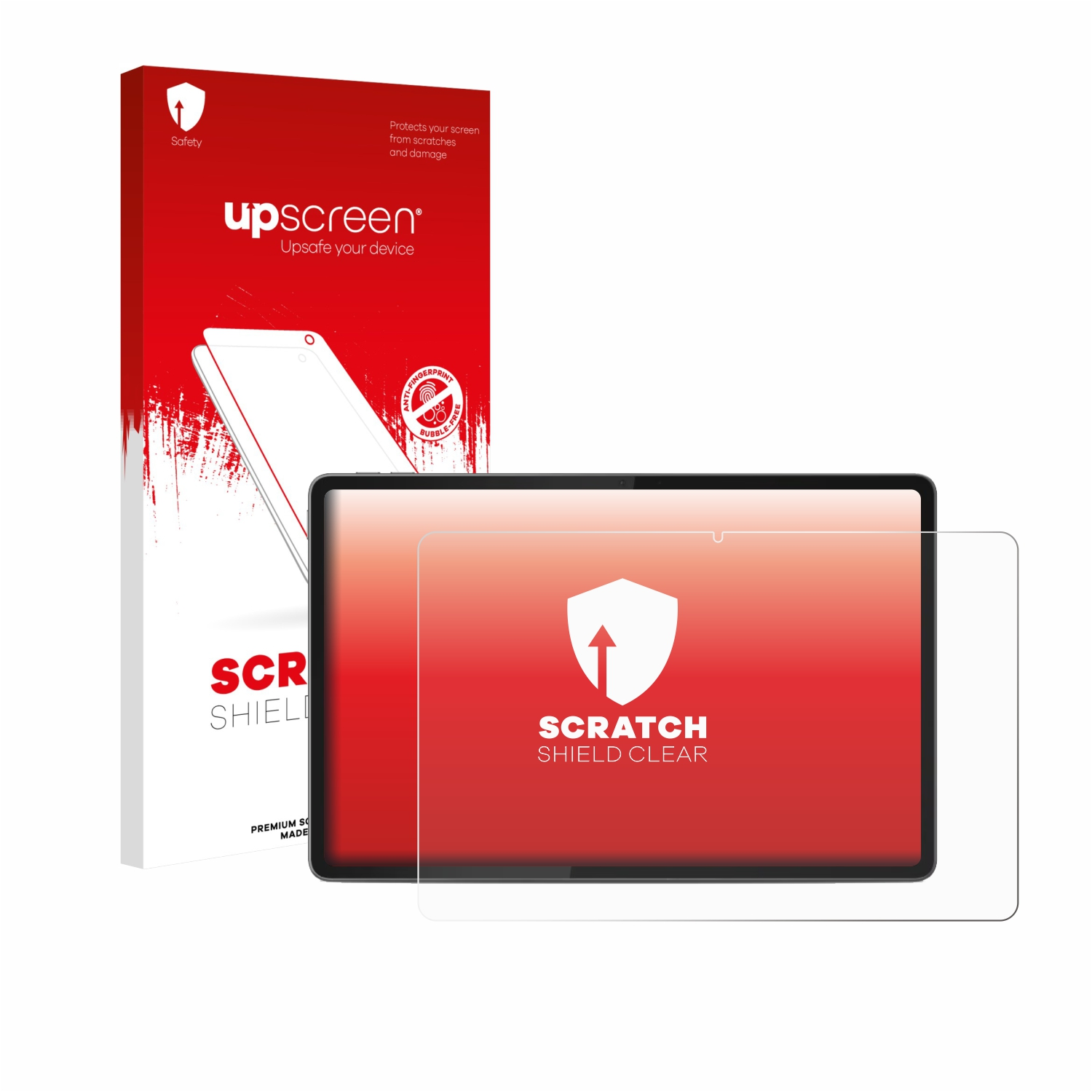 Tablet mit Displayschutzfolie. Rote und weiße Verpackung mit „upscreen“-Logo und Text. Schutzfolie ist transparent.