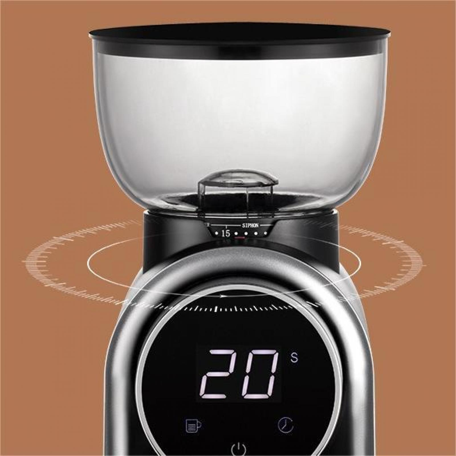 Eine schwarze und silberne Kaffeemühle mit transparentem Bohnenbehälter. Die Digitalanzeige zeigt '20'.